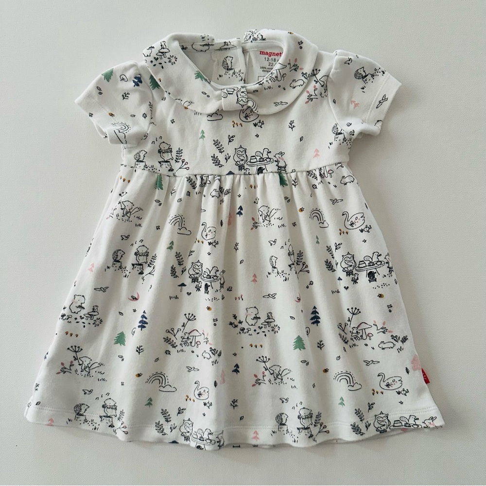 Magnetic Me 12-18 Months Baby Girl White Dress Animal Print Organic Cotton